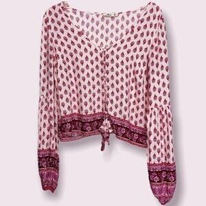 Hollister Boho Long Sleeve Crop Top Pink Flowy Button Front Shirt Womens Size M